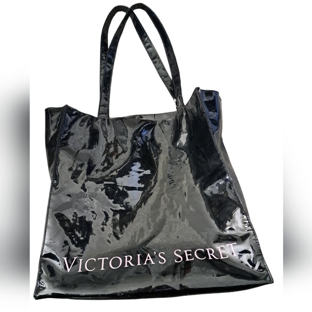 VICTORIA'S SECRET Black tote bag thick shiny vinyl extra large shopper coastal